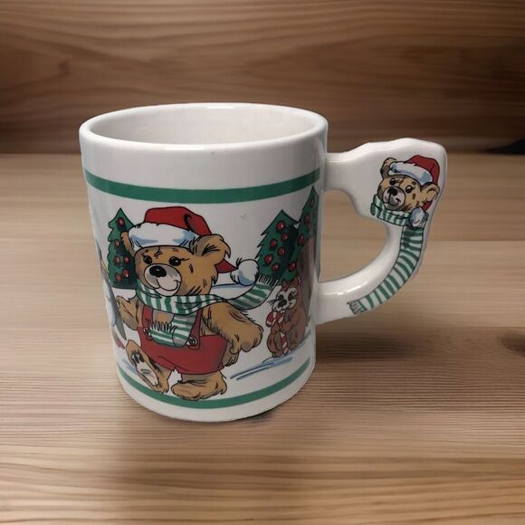 Vintage Teddy Bear Mug Christmas Scarf Handle Coffee Cup Skunk Penguin Rabbit - Picture 1 of 6